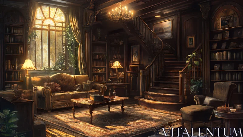 Cozy sunlit library lounge with warm wooden staircase glow.