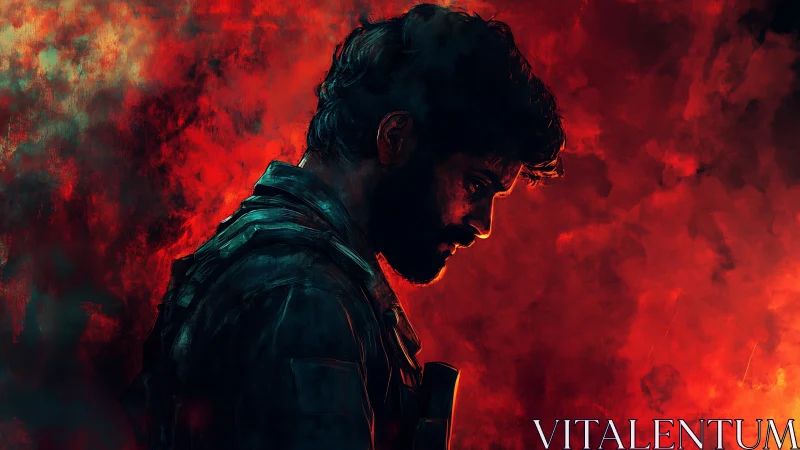 Brooding soldier silhouette in fiery red atmospheric haze.
