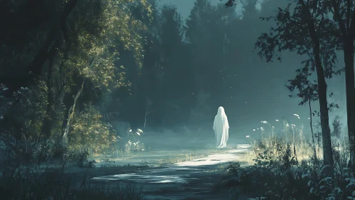 Shrouded figure on misty forest path at dawn.