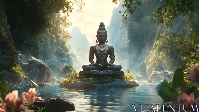 Buddha statue sits centered in lush misty river valley