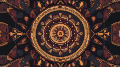 Radial geometric mandala with intricate warm linework.