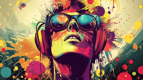 Vibrant neon portrait with headphones and splatter dynamics.