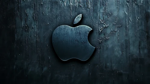 Apple Logo Carved in Weathered Stone Wall.
