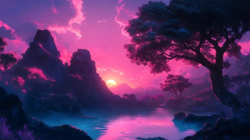 Digital landscape with magenta sunset over still water.
