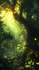 Enchanted Forest Glade Glowing with Golden Sunlight