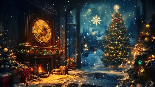 Midnight Christmas hearth and snowy village vista aglow.