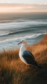 Coastal seabird in warm golden hour light on windswept cliff
