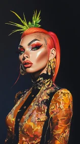 Vibrant digital portrait of neon glam woman in gold couture.