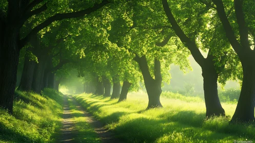 Sunlit Tree-Lined Path in Lush Green Forest, Photorealistic Style.