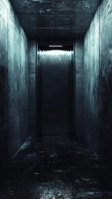 Mysterious elevator waits at the end of a dim steel corridor