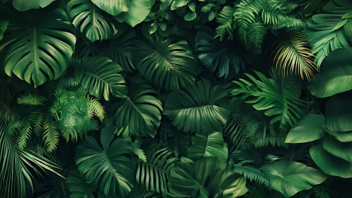 Dense tropical foliage forms layered emerald jungle wall