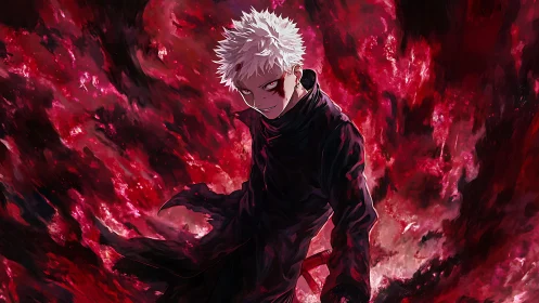 White haired anime warrior amid swirling red energy.