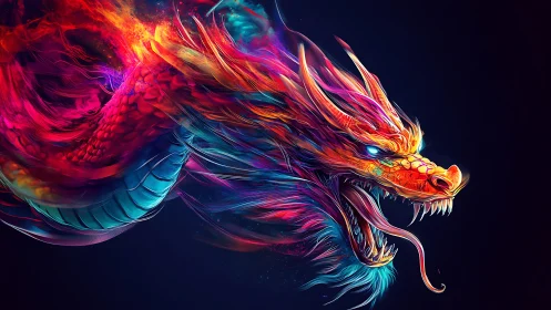 Luminous neon dragon surges through darkness in blazing motion