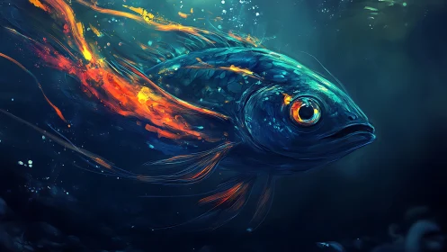 Luminous cosmic fish trails blazing fire underwater.