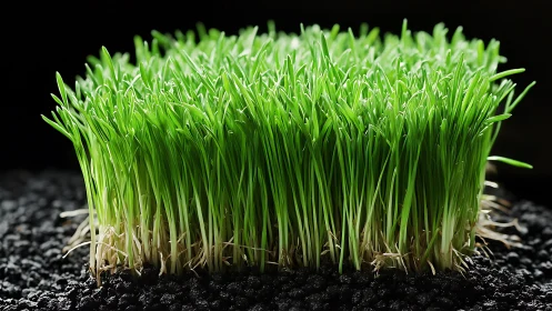 Rectangular cluster of young grass shoots emerges from soil