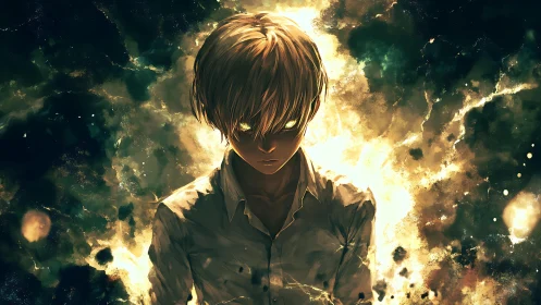 Male figure with glowing eyes against luminous abstract field.