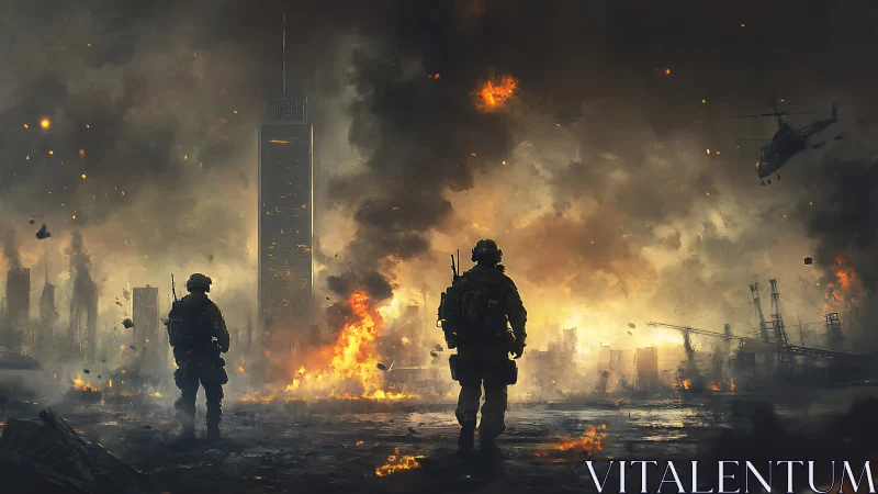 Urban battlefield soldiers in inferno-lit war-torn skyline.
