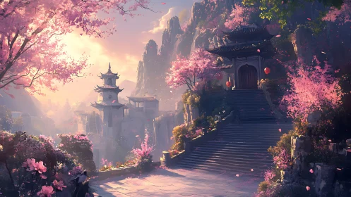 Mountain temple among cherry blossoms at soft sunrise.