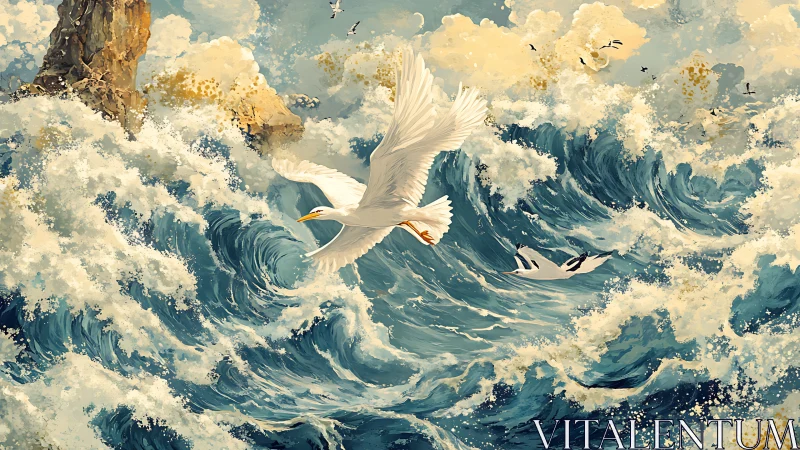 Seabirds in flight above large breaking ocean waves.