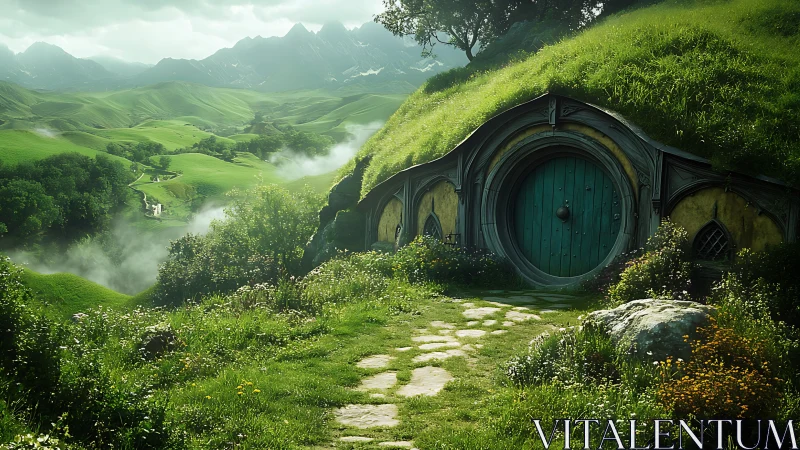 Grass-covered hillside dwelling with round door in valley.
