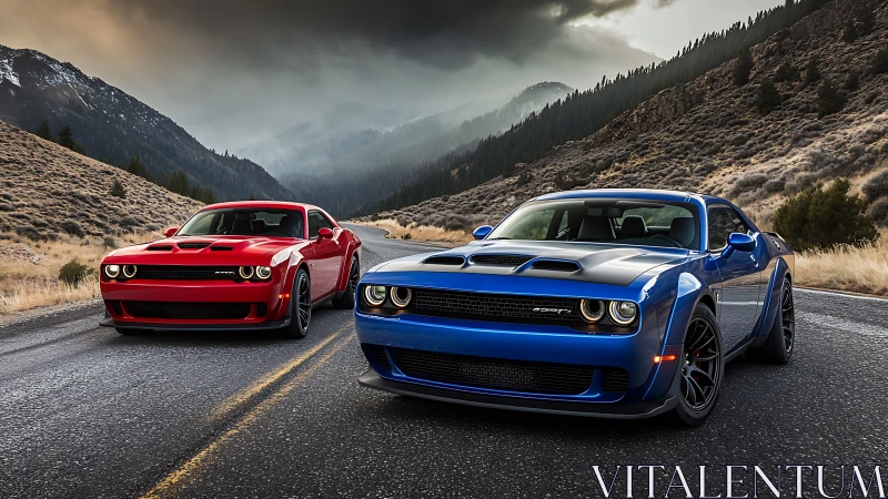 Dueling muscle cars chase stormlight through mountain pass.