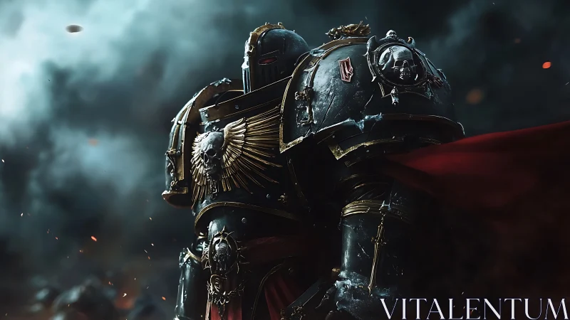 Heavily armored gothic supersoldier in stormlit battlefield