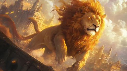 Colossal golden lion charging above sunlit celestial citadel
