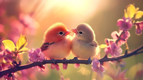 Two Birds on Flowering Branch at Sunset.