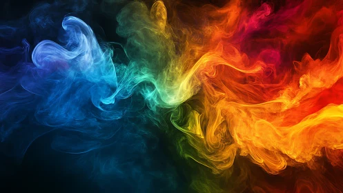 Vibrant swirling spectrum smoke flows across dark void.