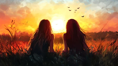 Sunset silhouettes of two friends in glowing wild meadow.