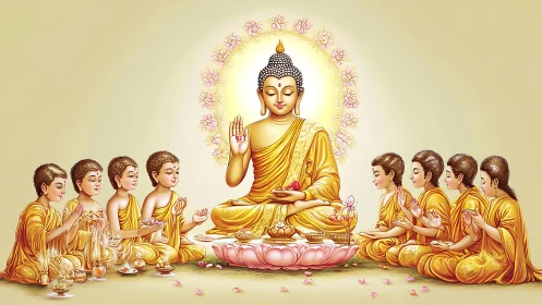 Golden Buddha instructs young monks in symmetrical devotional circle