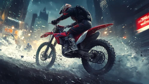Motorcyclist rides off-road bike through wet urban street