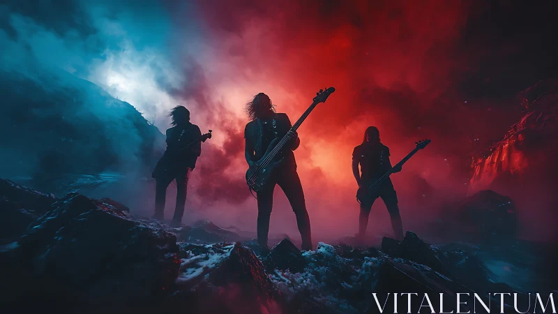 Stormlit rock band shreds between fire-red and ice-blue fog.