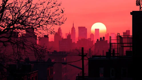 Sunset city skyline wrapped in glowing red warmth.