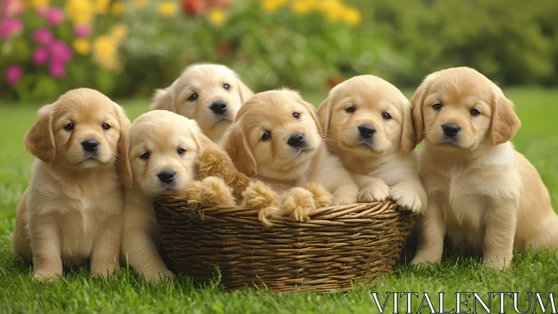 Golden retriever puppies sit in wicker basket on grass