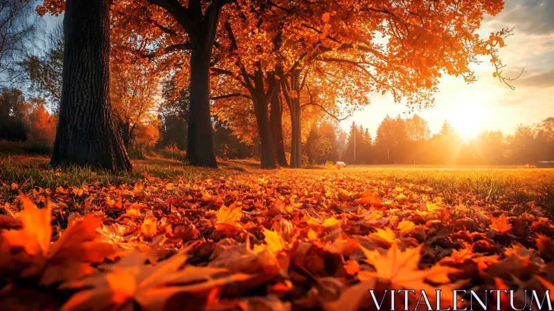 Autumn park path under glowing sunset with golden leaves.