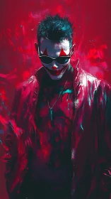 Neo-noir clown figure emerges in vivid crimson glow.