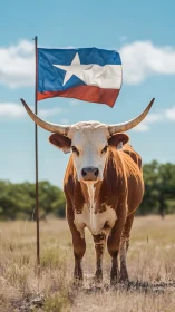 Longhorn standing proud beneath billowing Texas flag.