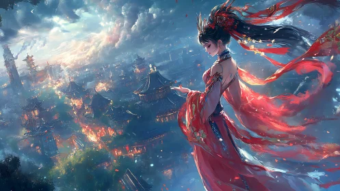 Moonlit princess in crimson gazes over glowing ancient city