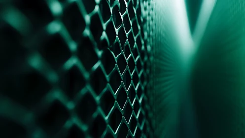 Teal metal mesh captures shallow depth and linear light glow