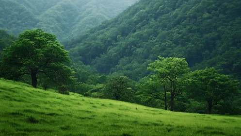 Dense green hillside forest recedes into misty, layered valleys