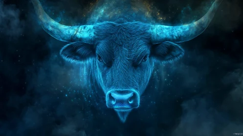 Starlit celestial bull gazes calmly through glowing blue night
