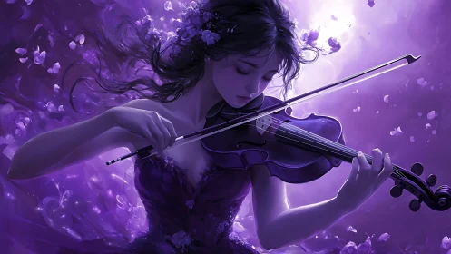 Violet dreamscape of a serene girl lost in violin music.