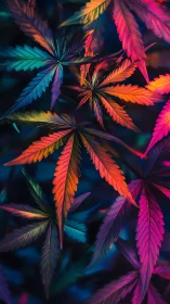 Colorful cannabis leaves in vivid neon gradient lighting.
