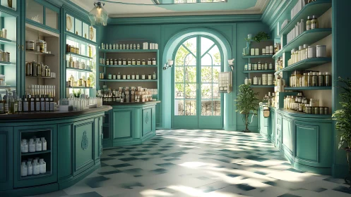 Sunlit teal apothecary shop swirling with glass and calm.