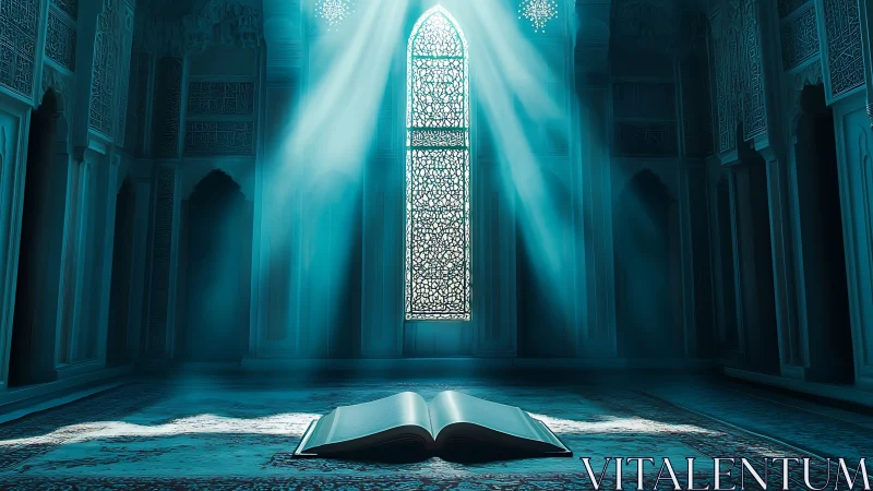 Open book on carpet in vaulted hall with filtered daylight.