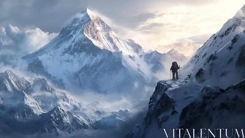 Solo climber greeting a sunlit, snow-draped mountain world.