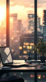 Sunset Office Workspace with Cityscape View