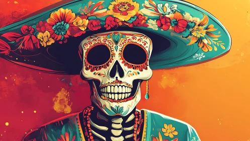 Calavera portrait with floral sombrero on vivid orange field.