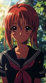 Red haired anime schoolgirl in uniform under soft light.